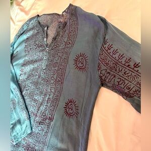 Indian block print beach cover up tunic teal maroon sheer pocket